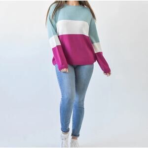 Blue White Purple Block Striped Knit Long Sleeve Crew Neck Sweater Size Large